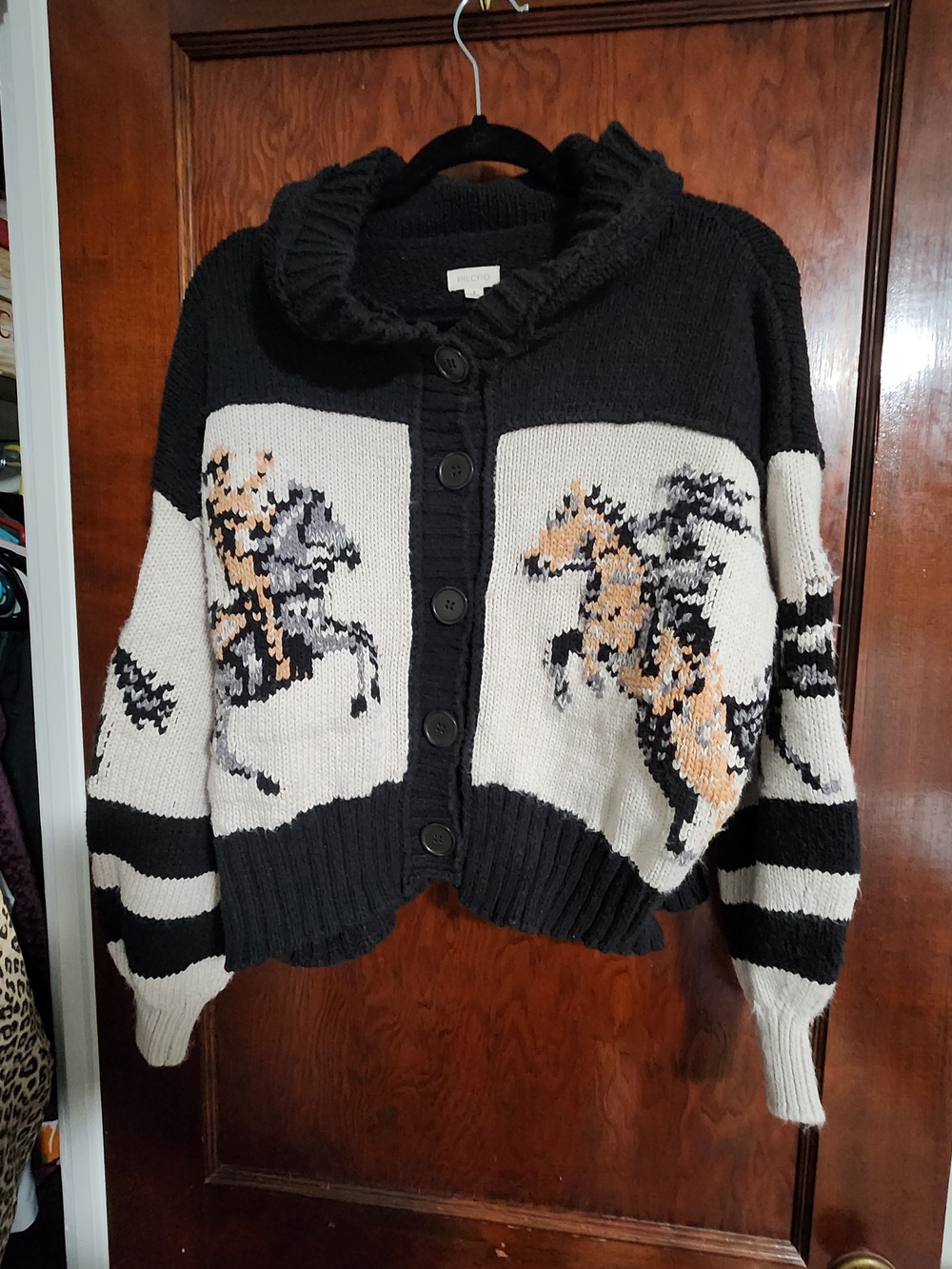 Pilcro Black & Cream Horse-Graphic Button Cardigan with Tan Accents - Picture 1 of 4